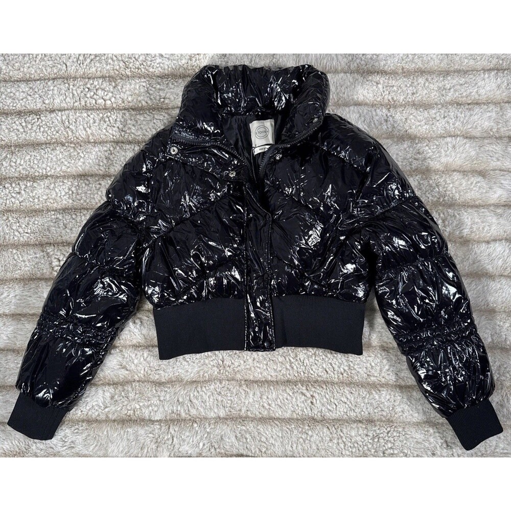 Stoosh Jacket Womens Medium Black Glossy Bubble Coat Cropped Shiny Puffer New